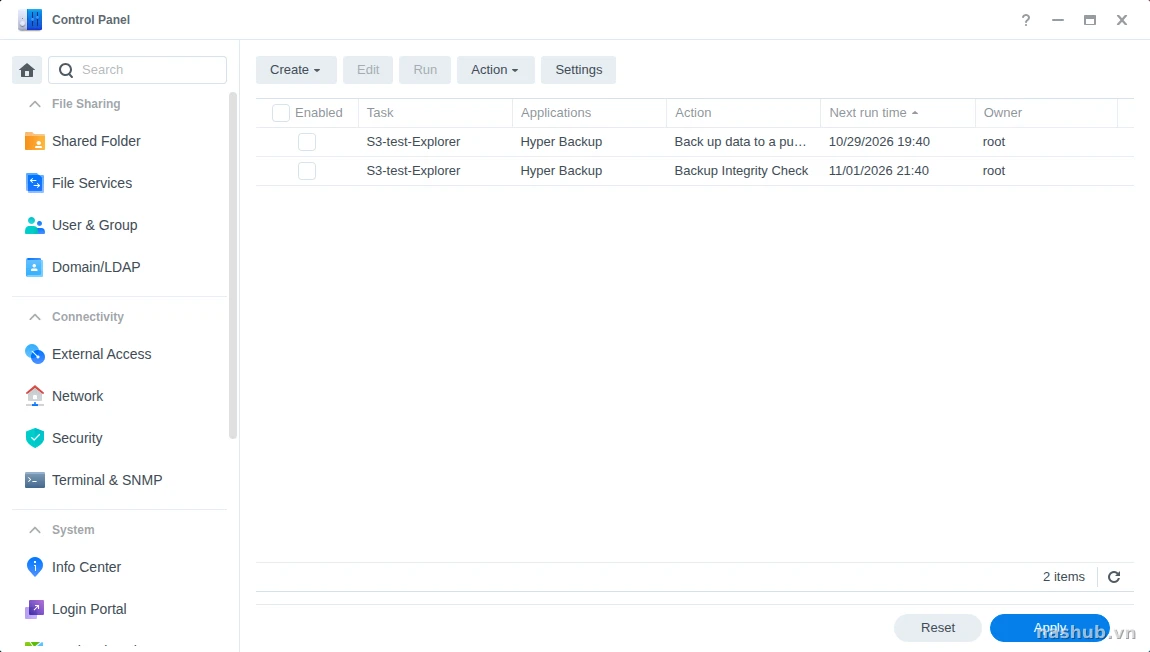 Danh sách tác vụ trong Task Scheduler của DSM, cột Owner cho biết tác vụ chạy với quyền nào