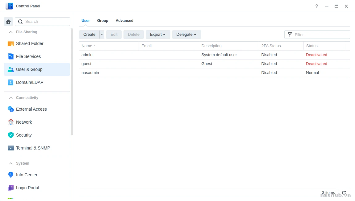 Danh sách tài khoản trong User &amp; Group của DSM, có cột 2FA Status và Status