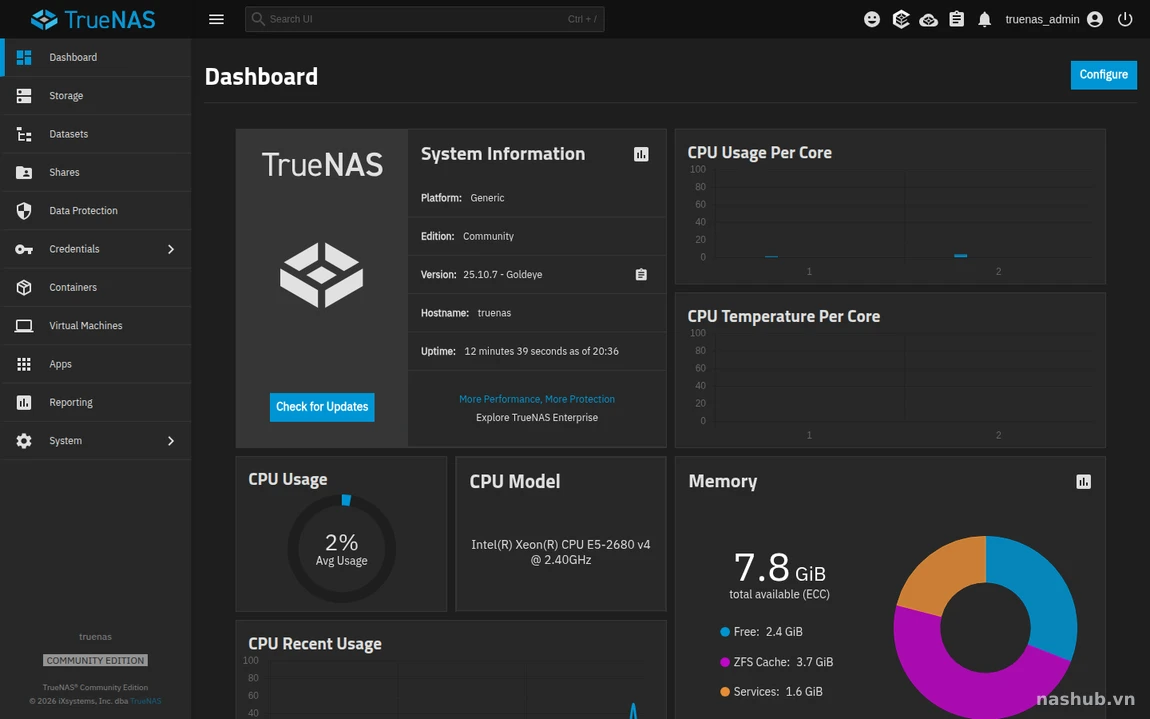 Dashboard TrueNAS 25.10.7 Goldeye bản Community Edition