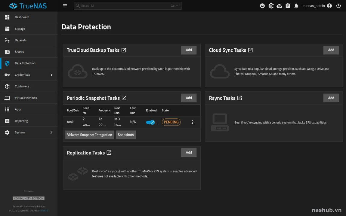 Mục Data Protection của TrueNAS với tác vụ snapshot định kỳ cho pool tank, giữ 2 tuần