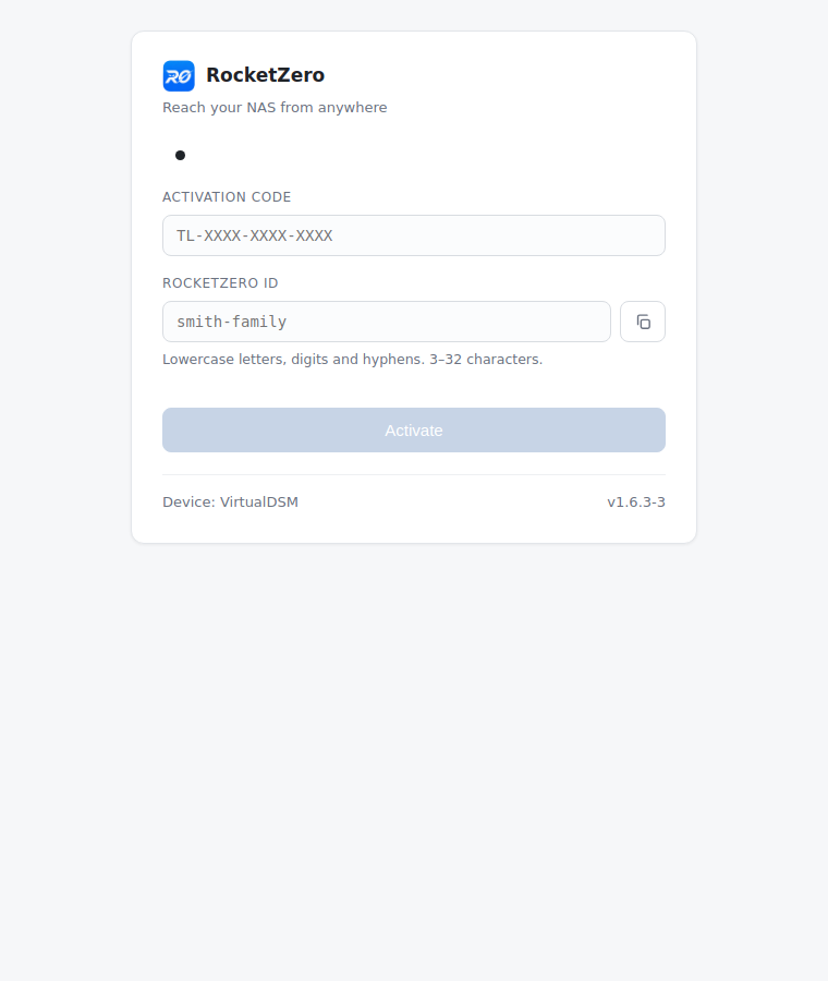Màn hình RocketZero trong DSM — nhập mã kích hoạt