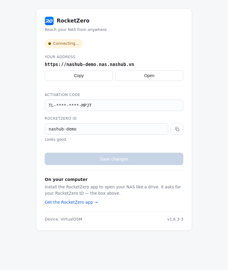 RocketZero đã kích hoạt — hiện địa chỉ và ID
