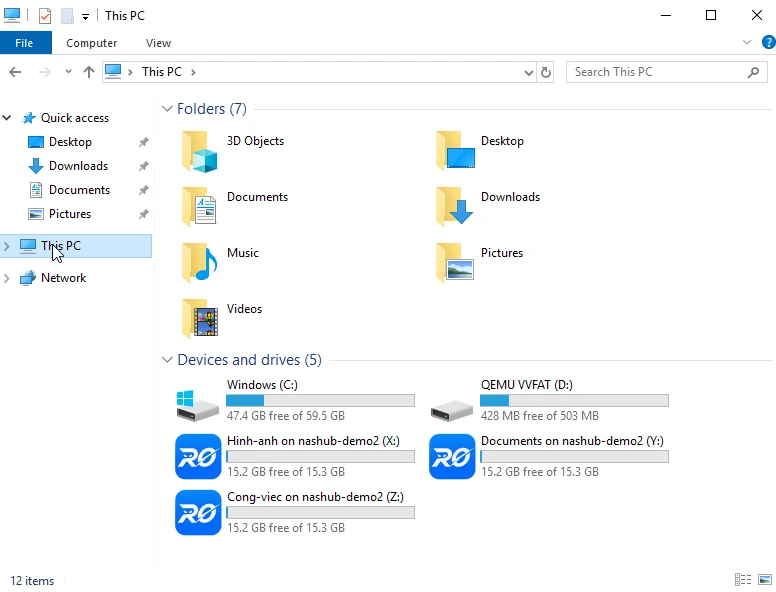 Cửa sổ This PC trên Windows: ba thư mục NAS hiện thành ổ đĩa X:, Y:, Z: với icon RocketZero